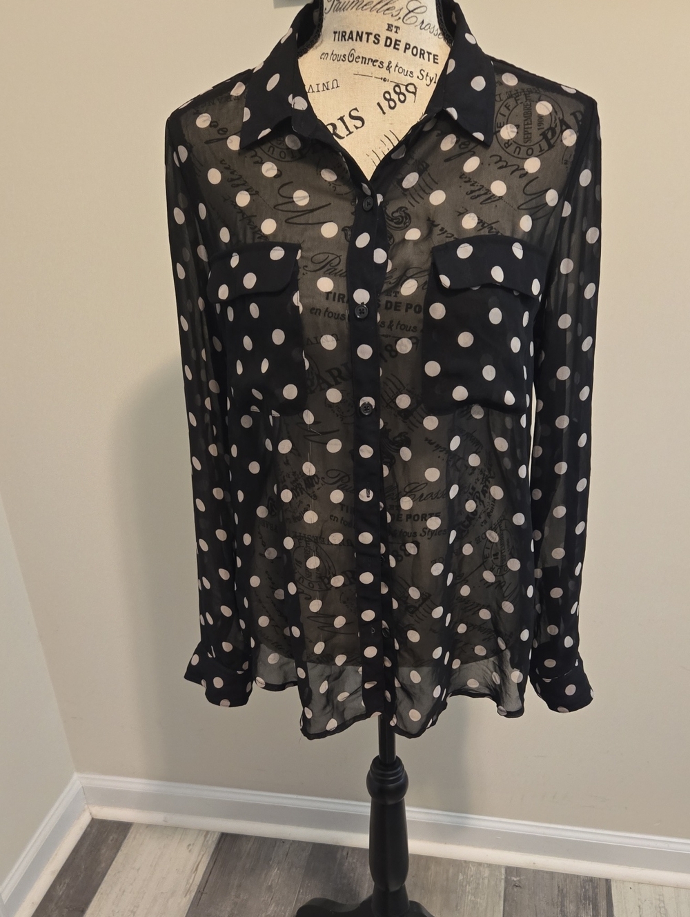 VINTAGE Old Navy Black Sheer Polka Dot Button-Down Blouse
